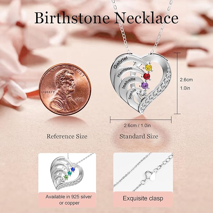 Easycosy Custom Name Necklace with Simulated Birthstones Customized Promise Necklace Heart Pendant with Engraved 2-6 Names - Anniversary Birthday Christmas Jewelry Gifts for Women Wife Mom Grandma
