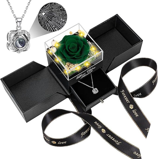 Preserved Blackish Green Real Rose with Heart I Love You Necklace -Eternal Flowers Rose Birthday Gifts for Women Her Mom Wife Girlfriend Grandma on Valentines Mothers Day Christmas Anniversary