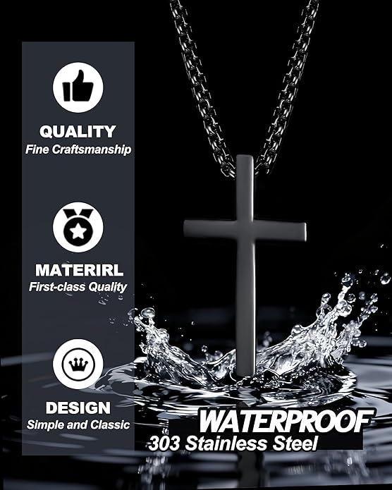 TEN MIRO Silver/Black Cross Necklace for Men Boy Stainless Steel Cross Pendant Necklace for Men Christian Religious Jewelry with Box & Card Birthday Anniversary Christmas Father's Day Gifts for Him