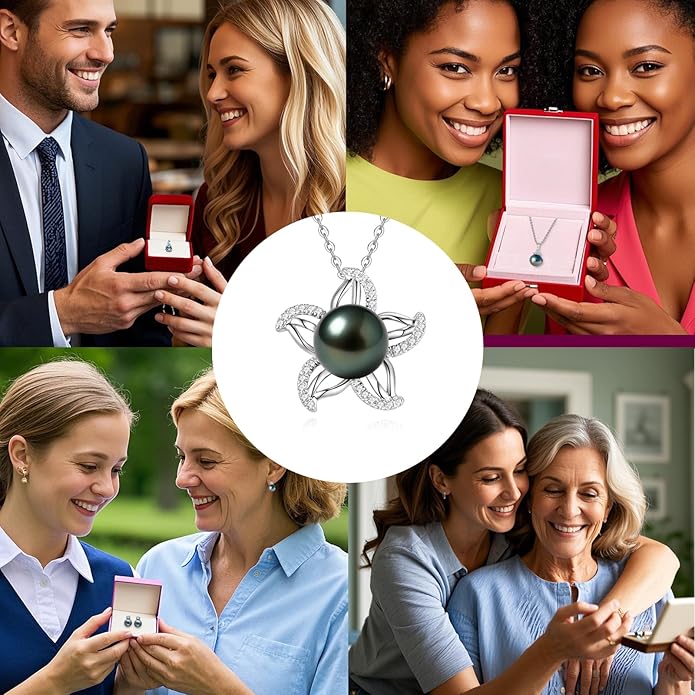 Genuine Tahitian Black Pearl Necklace for Women, 9-11mm AAAA Seawater Pearl with Sterling Silver Moissanite Pendant, Jewelry Gift for Wife, Mom, Girlfriend, Wedding Anniversary, Birthday, Christmas