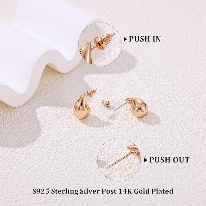 Gacimy Teardrop Earrings Dupes for Women 14K Gold Plated, Chunky Drop Earrings for Women with 925 Sterling Silver Post