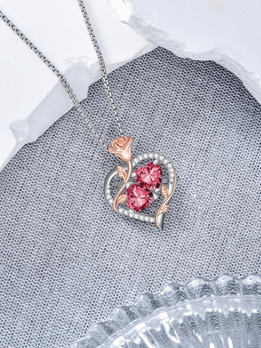 Christmas Gifts for Women Rose Heart Birthstone Pendant Necklace I Love You Forever Jewelry Valentine Mothers Day Birthday Gifts for Women Her Wife Girlfriend