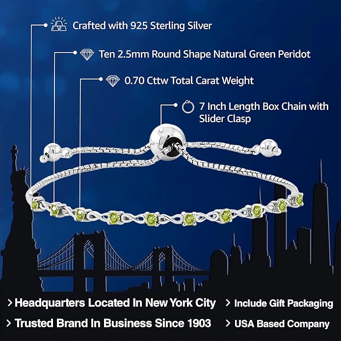 Gem Stone King Round Gemstone Birthstone Tennis Bracelet For Women | 925 Sterling Silver | 2.5MM Round | Fits Up To 9 Inch Wrist | Adjustable Bolo Bracelet For Women | Easy-On Easy-Off