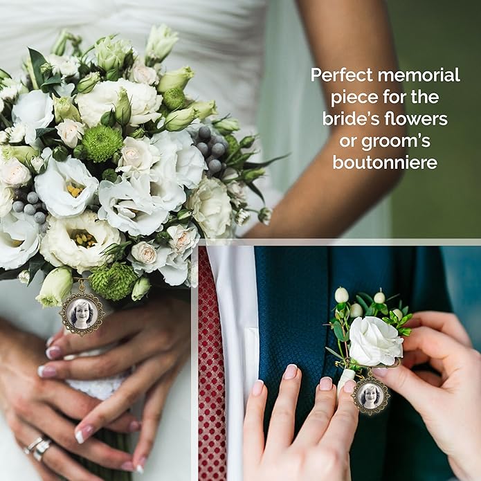 Wedding Boutonniere Bronze Gold Bouquet Photo Memorial Charm Pin Round Mother of the Bride Gift for Groom or Bride with Photo Resizing Software