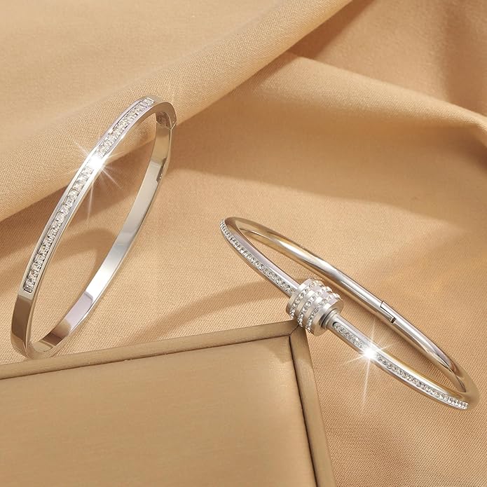 Silver Bangles for Women - Stainless Steel Love & Friendship Bracelet Set with Gift Box | Daily Wear & Party Jewelry