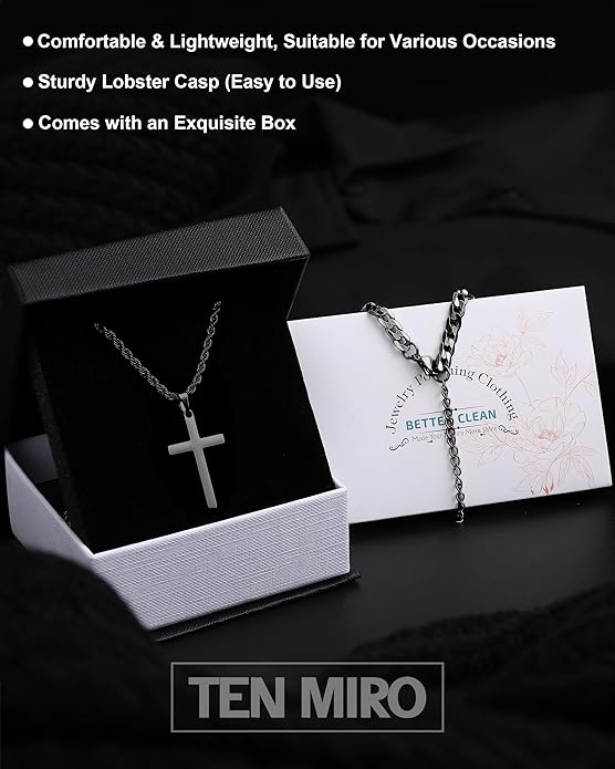 TEN MIRO Silver/Black Cross Necklace for Men Boy Stainless Steel Cross Pendant Necklace for Men Christian Religious Jewelry with Box & Card Birthday Anniversary Christmas Father's Day Gifts for Him