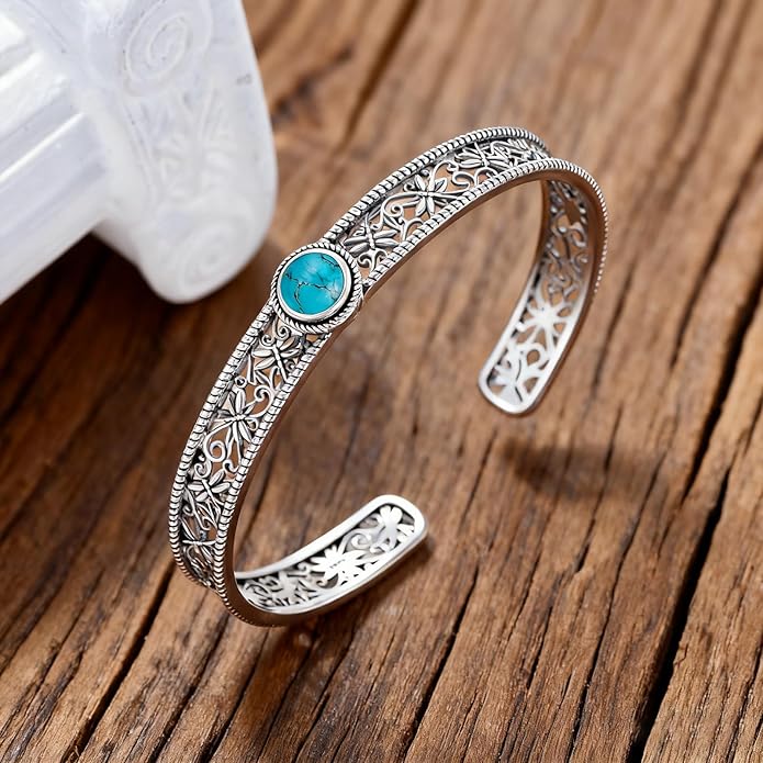 Vintage Dragonfly Filigree Cuff Bracelet, 925 Sterling Silver Adjustable Natural Gemstone Bangle, Boho Insect Jewelry Gift for Women