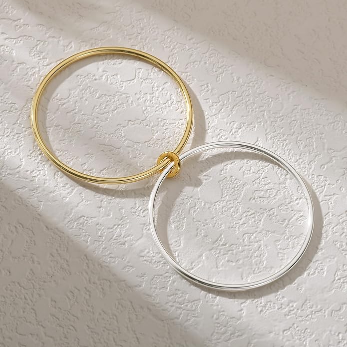 NOKMIT 2PCS 14K Gold Silver Tone Stackable Bangle Bracelets for Women, High Polished Thin Plain Stainless Steel Bangle with Detachable Connector Ring, Non-Tarnish Mixed Metal Jewelry