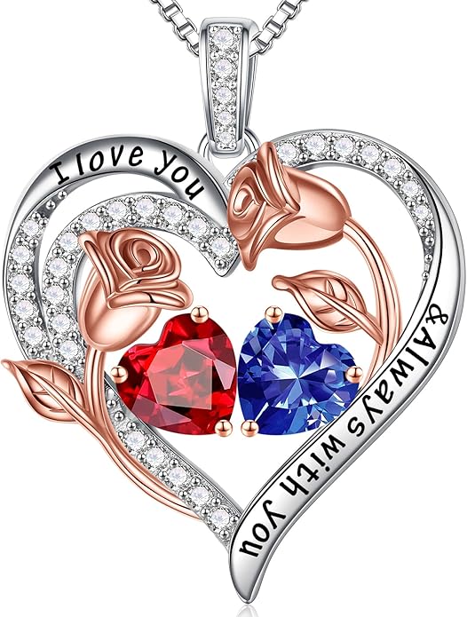Iefil Birthstone Necklace for Women - 925 Sterling Silver Rose Heart Birthstone Necklace Birthday Anniversary Jewelry Gifts for Her Wife Mom Daughter