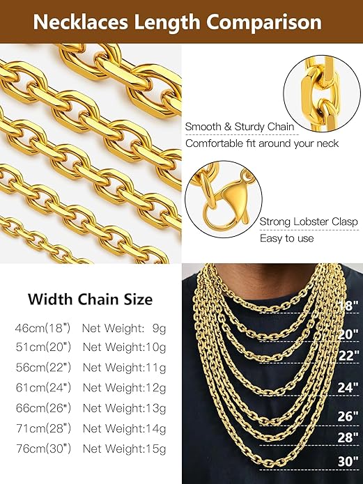 Hoyazvet Cable Chain Stainless Steel Necklace for Men Women, 3/5/8/10/13MM Width, 18K Gold Plated/Black Metal/316L Stainless Steel Sturdy Rolo Link Chain Necklace, 18-30inch Length