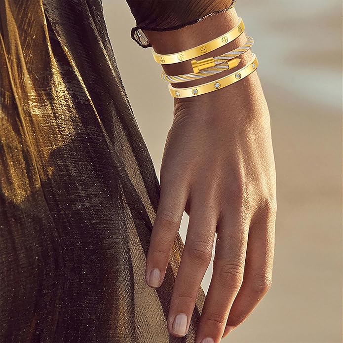 Gold Bracelets for Women - Stackable Bangles with Friendship & Love Theme - Stainless Steel Jewelry Gift for Her