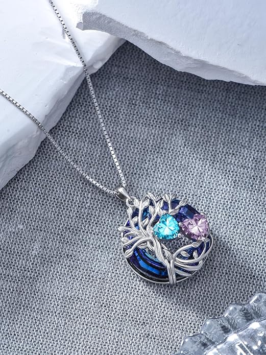TOUPOP s925 Sterling Silver Family Celtic Tree of Life Pendant Necklaces with 2 Heart Birthstone with Blue Austrian Crystal Jewelry Birthday Anniversary Christmas Gifts for Her Wife Girlfriend Mom (18K Real White Gold Filled)