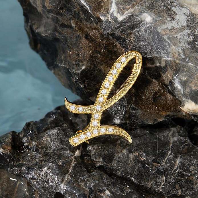 Cicy Bell A-Z Initial 26 Letter Brooch Pins 18k Gold Plated Cubic Zirconia Breastpin Name Personalized Gifts for Women Men