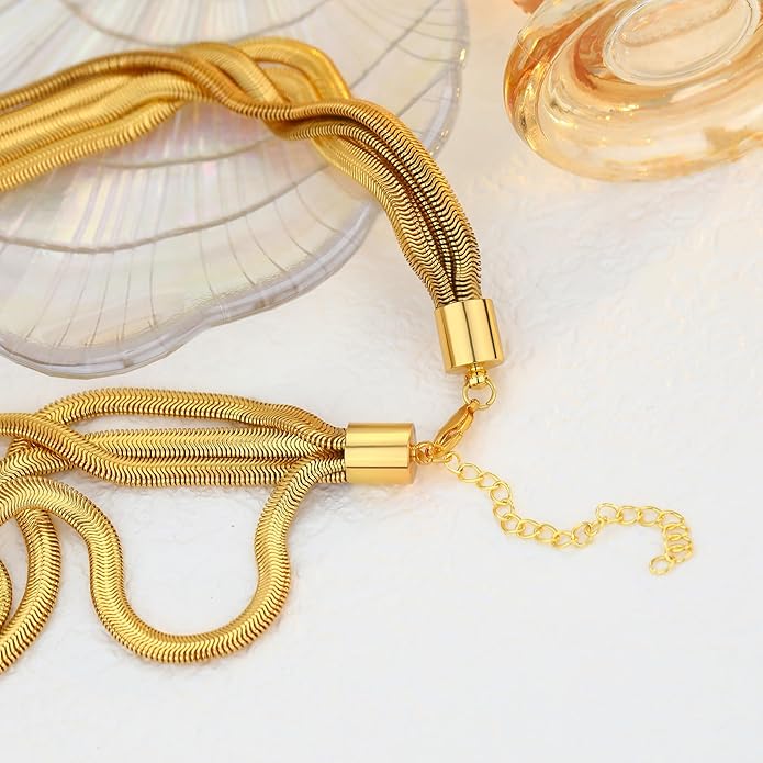 Chunky Gold Choker Necklace for Women, 14K Gold Plated Snake Chain Statement Necklace Triple Twsited Layered Choker Necklaces Jewelry Gifts
