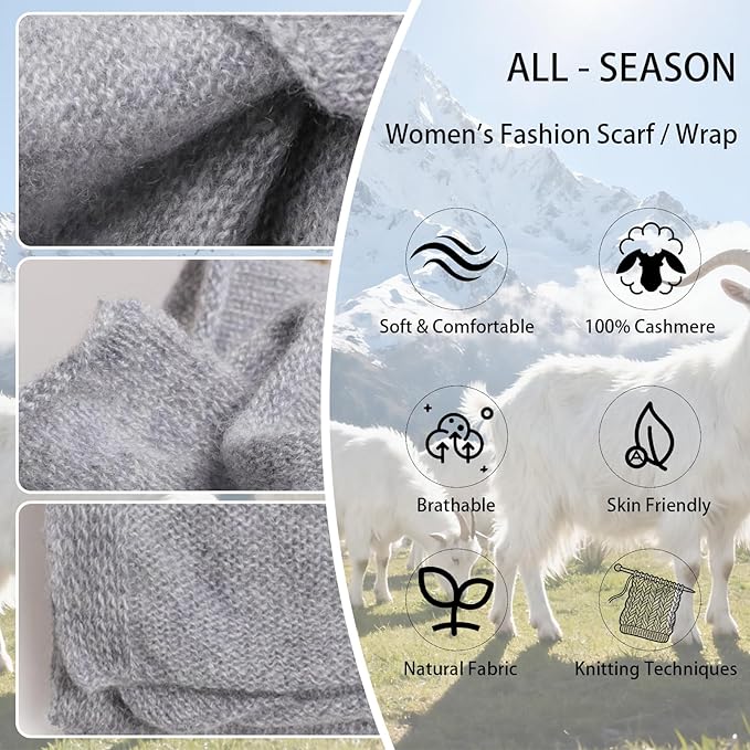 WASALUYA 100% Cashmere Scarf for Women - Knitted Lightweight Travel Wrap, Soft Large Shawl, 71x24 Inches, Luxury Gift