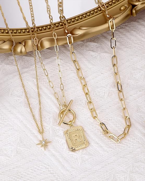 MJartoria Layered Initial Necklaces for Women Trendy, 14K Gold Plated Brass Simple Star Choker Square Letter Pendant Necklace, Paperclip Chain Necklaces Jewelry Gifts