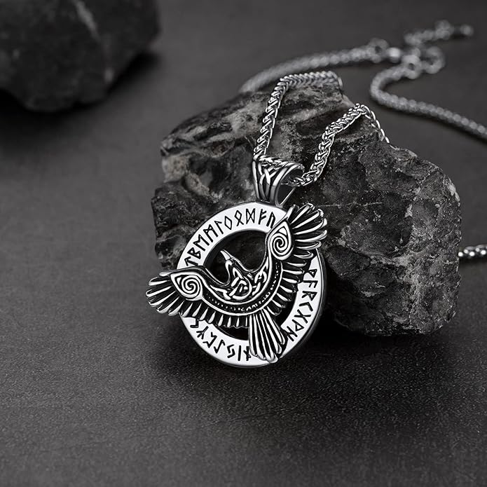 FaithHeart Viking Raven Necklace for Men, Norse Mythology Raven Skull Pendant Sturdy Stainless Steel Amulet Jewelry Gift for Men