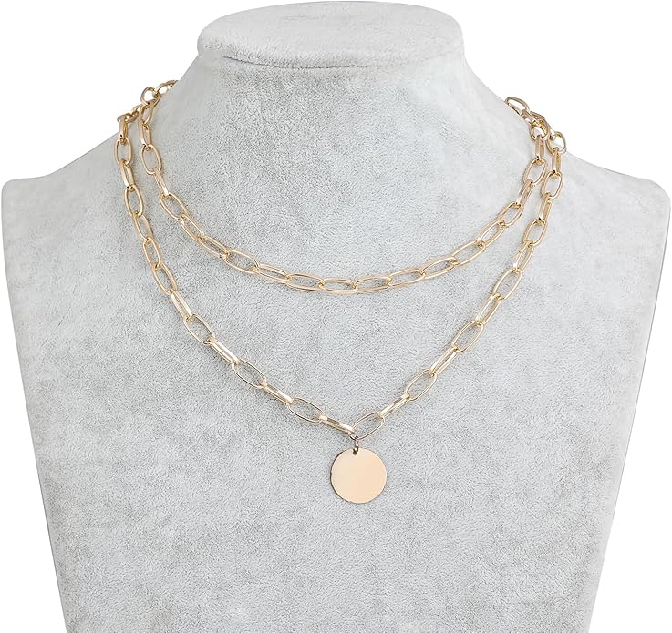 Layered Round Pendant Necklace Gold Plated Dainty Multilayer Choker Layering for Women Necklaces Stylish Minimalist Pendants Simple Chain Stacked Necklace Jewelry Gifts