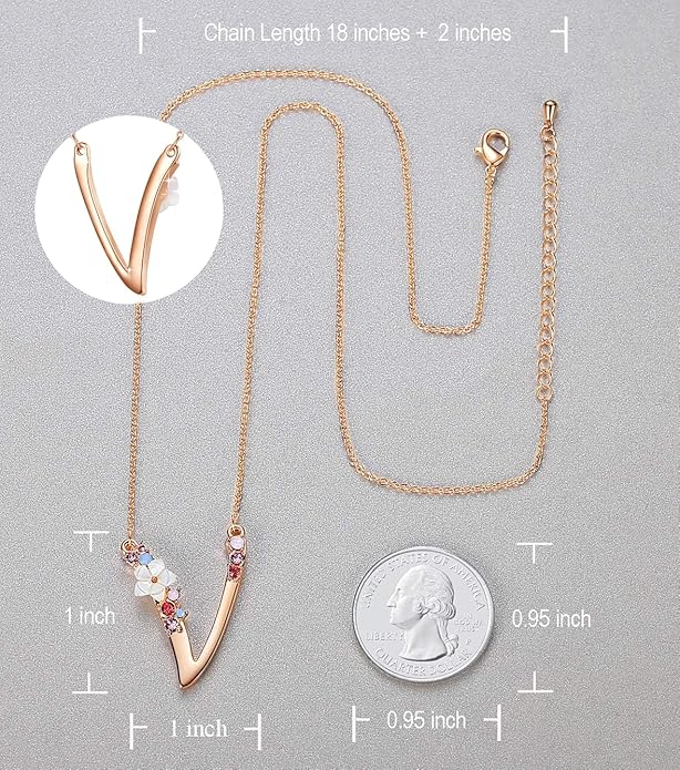 Flower Initial Letter Necklace Pink Red Blue Simulated Pearl Pendant Name Jewelry Made with Austrian Crystals Rose Gold Plated Anniversary Birthday Gifts for Women,18"+2"