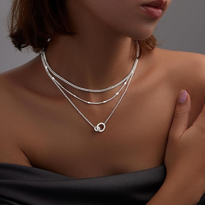 WomenGifts Layered Gold Necklaces for Women, 14K Gold Sterling Silver Plated Dainty Pendant Necklace Set with Cubic Zirconia Circle, Chunky Stackable Cuban Chain Choker, Trendy Personalized Birthstone Jewelry Gift Non Tarnish