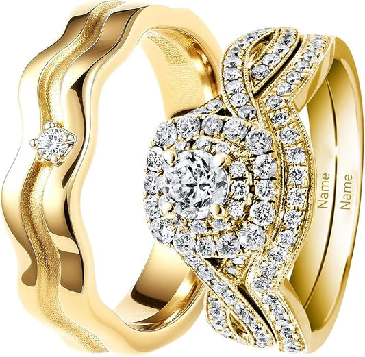 Rikelus Moissanite Engagement Ring Sets for Couples,10K 14K 18K Solid Gold Heart/Princess/Round Cut Bridal Ring Sets,Customized Matching Wedding Bands Set for Men and Women Free Engraving