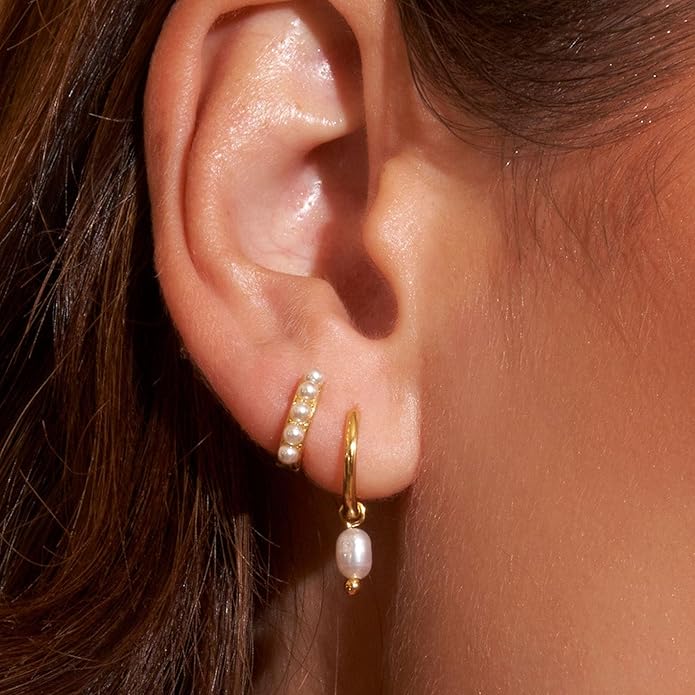 Gold Plated Earrings for Women, 14k Gold Plated Earring Stack Hypoallergenic Pearl Drop Earring Dainty Earrings for Women Trendy Cute Small Huggie Hoop Earring Fashion Womens Jewelry