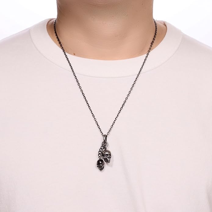 Metro Jewelry Double Skull Necklace for Men in Stainless Steel with Antique Finish on 24 Inch Curb Chain with Lobster Claw