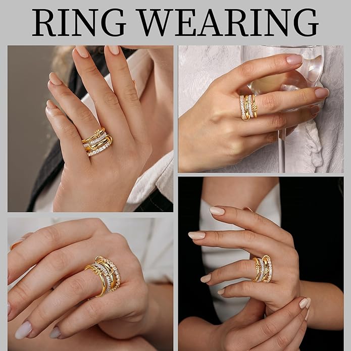 Gold Stackable Rings for Women Non Tarnish, 18K Gold Plated CZ Cubic Zirconia Rings, Golden Rings Set, Multi-Link Connected Rings