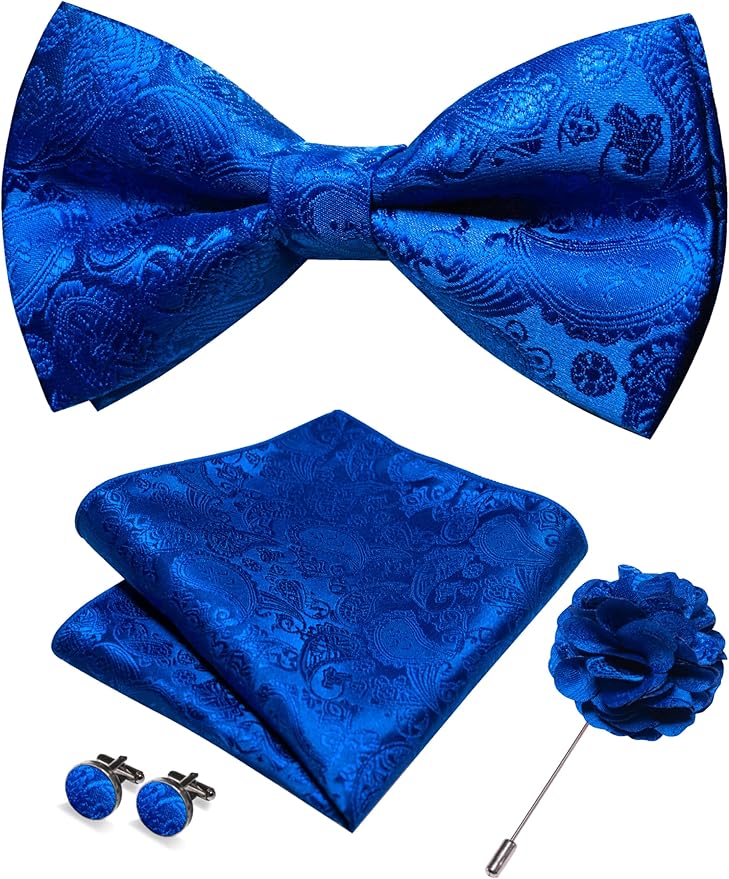 JEMYGINS Paisley Pre-tied Bow Tie and Pocket Square Cufflinks Lapel Pin Sets for Men 4PCS