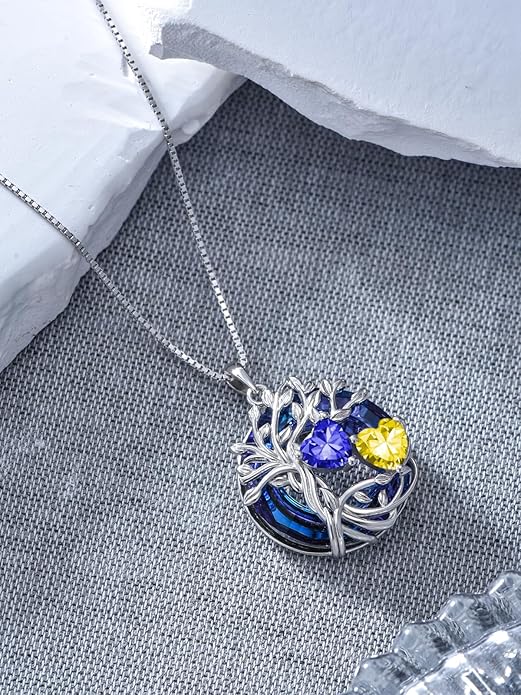 TOUPOP s925 Sterling Silver Family Celtic Tree of Life Pendant Necklaces with 2 Heart Birthstone with Blue Austrian Crystal Jewelry Birthday Anniversary Christmas Gifts for Her Wife Girlfriend Mom (18K Real White Gold Filled)