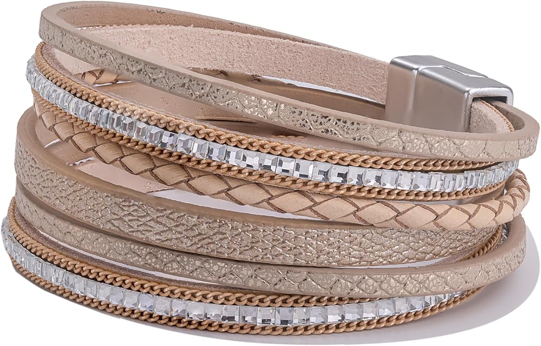 FANCY SHINY Boho Leather Wrap Bracelets Trendy Layered Bracelets with Magnetic Clasp Strackable Bohemian Jewelry Gifts for Women