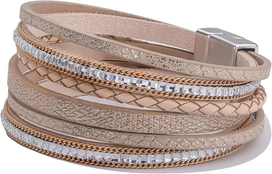 FANCY SHINY Boho Leather Wrap Bracelets Trendy Layered Bracelets with Magnetic Clasp Strackable Bohemian Jewelry Gifts for Women