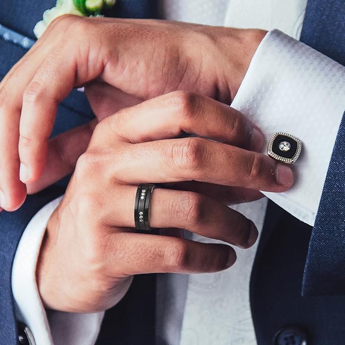 King Will Mens Tungsten Wedding Band with Cubic Zircon Inlay 7mm/8mm Flat Cut Comfort Fit Engagement Rings