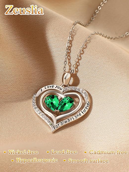 Zeuslia Double Birthstone Necklace Gifts for Wife - 925 Sterling Silver Sunflower/Rose/Crown Cross/Compass/Heart Pendant I Love You Necklace, Anniversary Birthday Gifts for Wife Girlfriend Mom Her