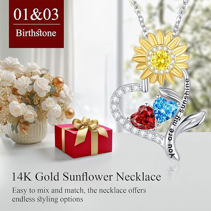 PERJI Valentine's Day Gifts for Women - 925 Sterling Silver Double Birthstone Sunflower Necklace, Anniversary Birthday Jewelry You are My Sunshine Gifts for Wife Couple Girlfriend 18"+2" Non Tarnish