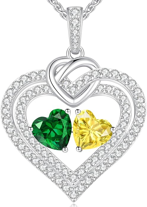 LOUISA SECRET Sparkling Double Heart Birthstone Necklaces for Women, 925 Sterling Silver Fine Jewelry, Pendant Heart Necklaces Birthday Anniversary Christmas Gift for Women Wife Mom Girlfriend Lady