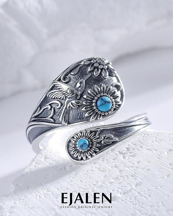 S925-Sterling-Silver Abalone Dragonfly-Turquoise Spoon Ring - Vintage Boho Sunflower Thumb Oxidized Wrap Rings Victorian Style Antique Floral Jewelry Gifts for Women