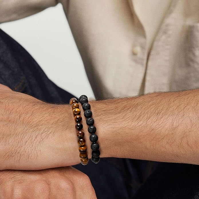 RANKEEF Mens Bead Bracelet Set - Adjustable Elastic Rope With 6&8MM Natural Stone Multi-Colored Beads - Tiger Eye Bracelets for Men - Gift