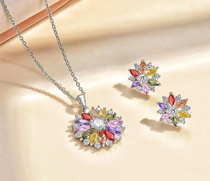 VONSSY Colorful Snowflake Pendant Necklace Earrings Rose Gold 5A Cubic Zirconia | Crystal Sweater Chain | Multi Gemstone Garnet Amethyst Morganite Peridot Prom Rhinestone Necklaces for Women Vintage Stylish Gift