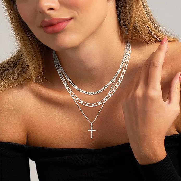 ASCOMY Gold Necklace for Women 14K Gold/Silver Plated Layered Necklaces Stackable Layering Cross Necklace Stacked Coin Pendant Pearl Herringbone Chain Stacking Gold Choker Trendy Jewelry Gift for Her