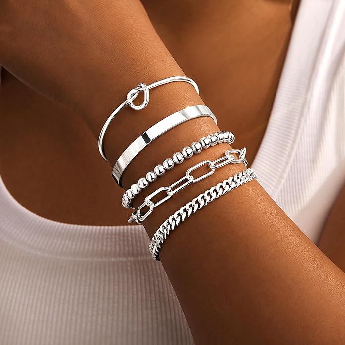 Gold Bracelets for Women Non Tarnish, 14K Gold Plated Chunky Cuff Bracelet Gold Bangles Bracelet for Women Trendy Tie Knot Cuban Rope Paperclip Beaded Bracelet Stack Jewelry Gifts