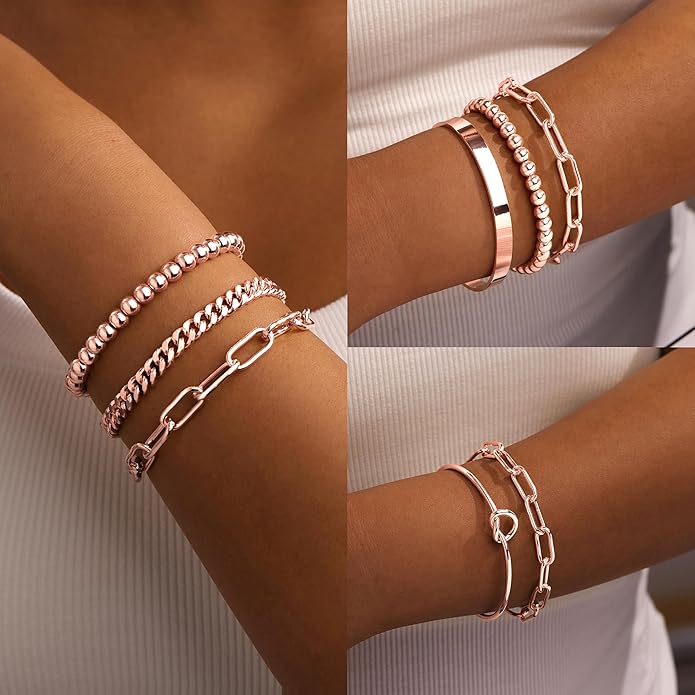 Gold Bracelets for Women Non Tarnish, 14K Gold Plated Chunky Cuff Bracelet Gold Bangles Bracelet for Women Trendy Tie Knot Cuban Rope Paperclip Beaded Bracelet Stack Jewelry Gifts