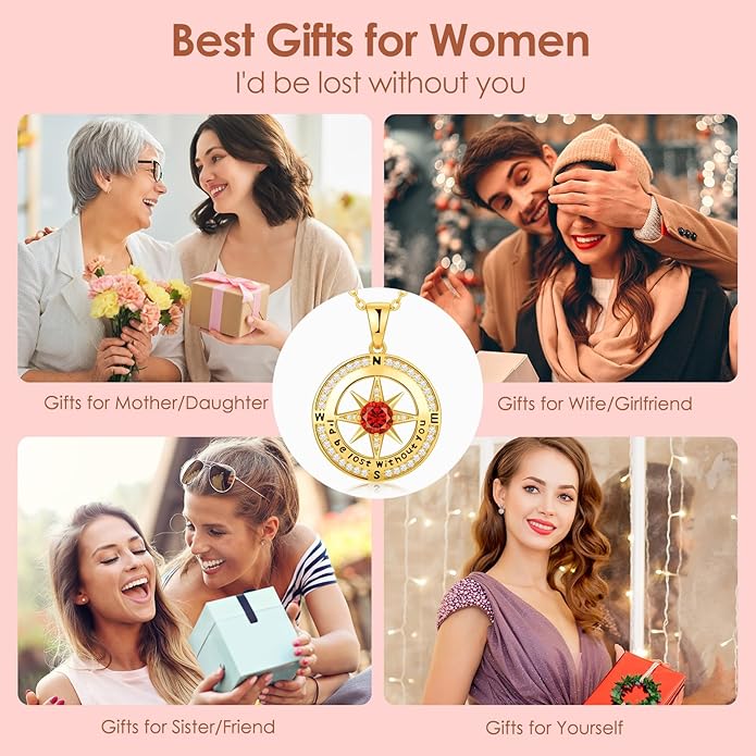 Zifeel Compass Necklace Gifts for Women wife - S925 Sterling Silver Birthstone Necklaces for Women - Anniversary Birthday Gifts for Her Wife Girlfriend - Valentines Mom Mothers Day Christmas Gifts Jewelry for Women