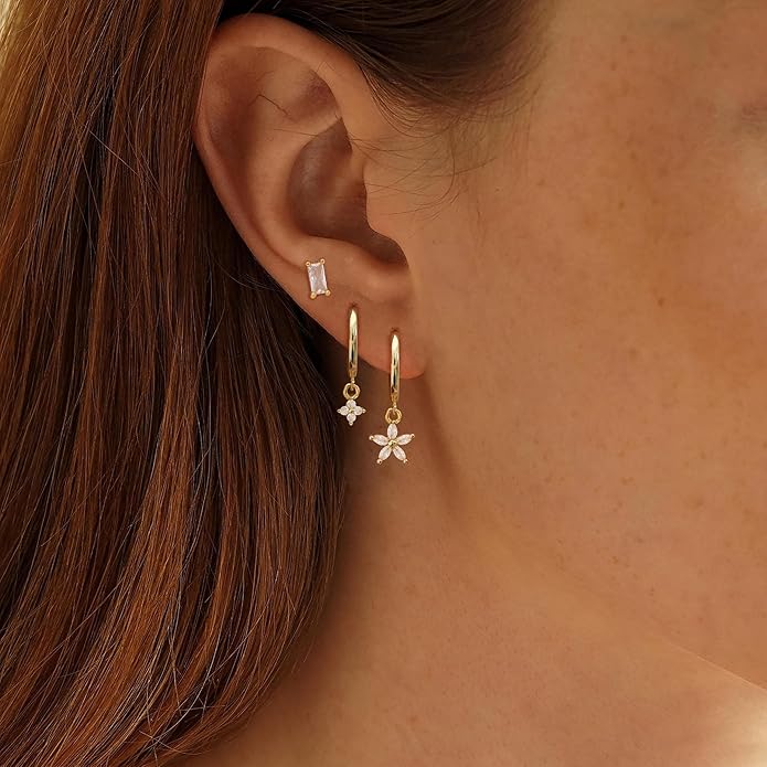 Gold Plated Earrings for Women, 14k Gold Plated Earring Stack Hypoallergenic Pearl Drop Earring Dainty Earrings for Women Trendy Cute Small Huggie Hoop Earring Fashion Womens Jewelry
