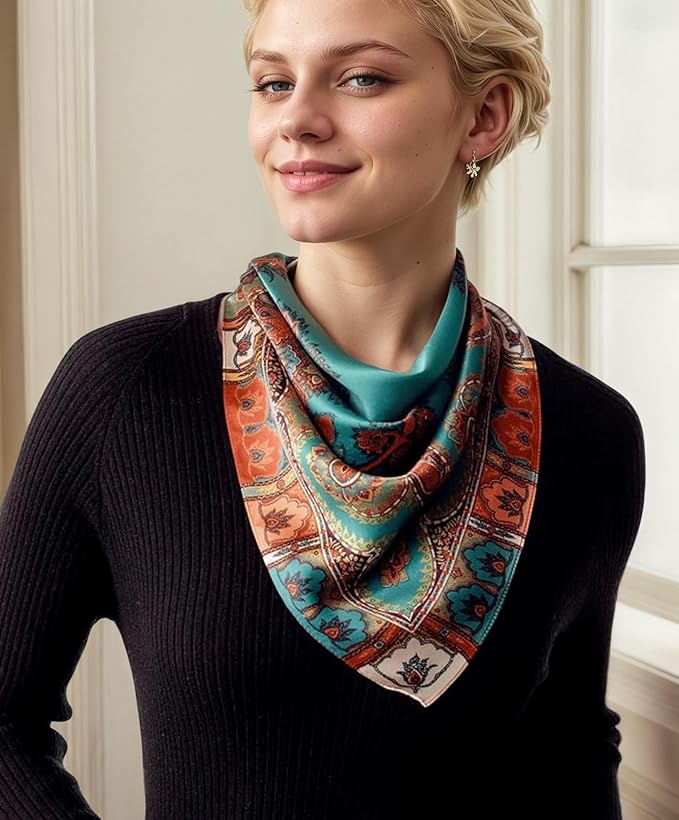 ANDANTINO 100% Mulberry Silk Square Scarf for Hair-25.6" X25.6'' Women Men Natural Silk Neckerchief Digital Printed Headscarf