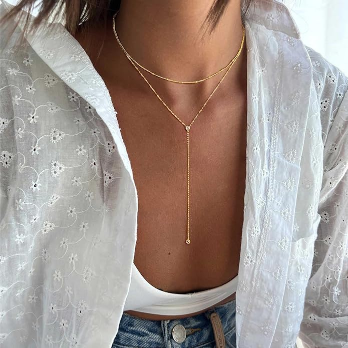 Ursteel Dainty Lariat Necklace for Women, 14K Gold Plated Y-Shaped Long Necklace Layered Drop Necklaces Pearl Cross Clover CZ Charm Necklaces for Women Christmas Jewelry Gifts Stocking Stuffers