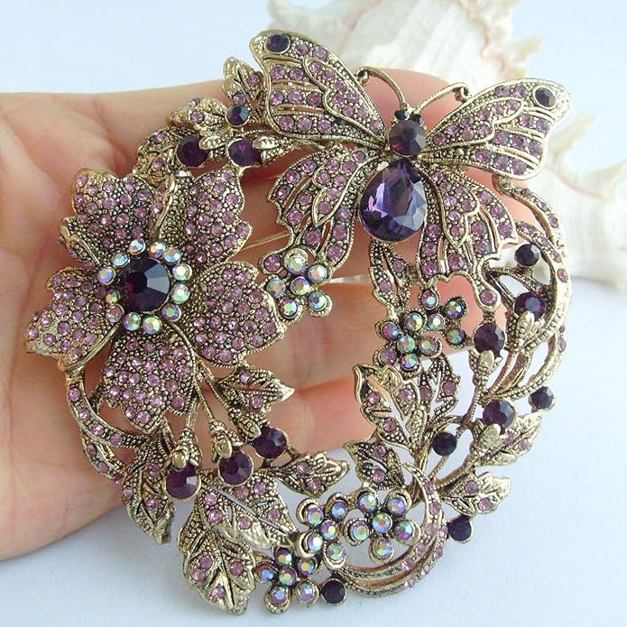 Art Style 3.54" Butterfly Flower Brooch Pin Pendant Rhinestone Crystal BZ4489