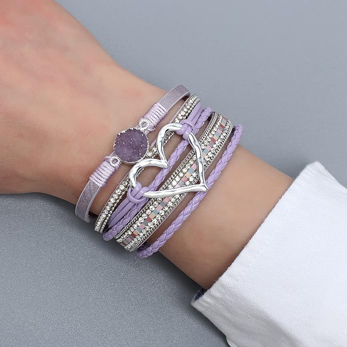 Leather Wrap Bracelet for Women Beaded Cuff Bracelet with Heart-shape Decor Bohemian Crystal Bracelet Jewelry with Clasp Bangle Bracelet for Women Girls Birthday Holiday Gift