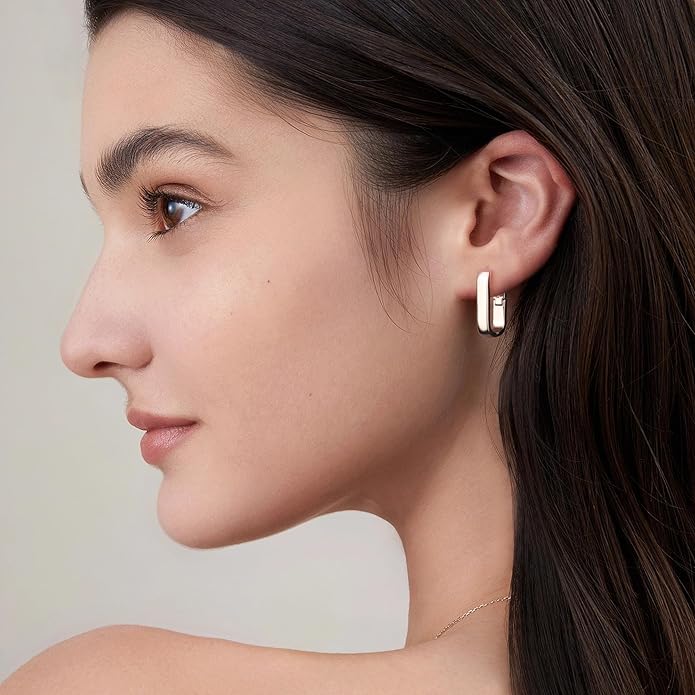 925 Sterling Silver Hoop Earrings for Women Small Square Hypoallergenic 14K Gold Plated Hoop Earrings Geometric Minimalist Rectangle Hoops