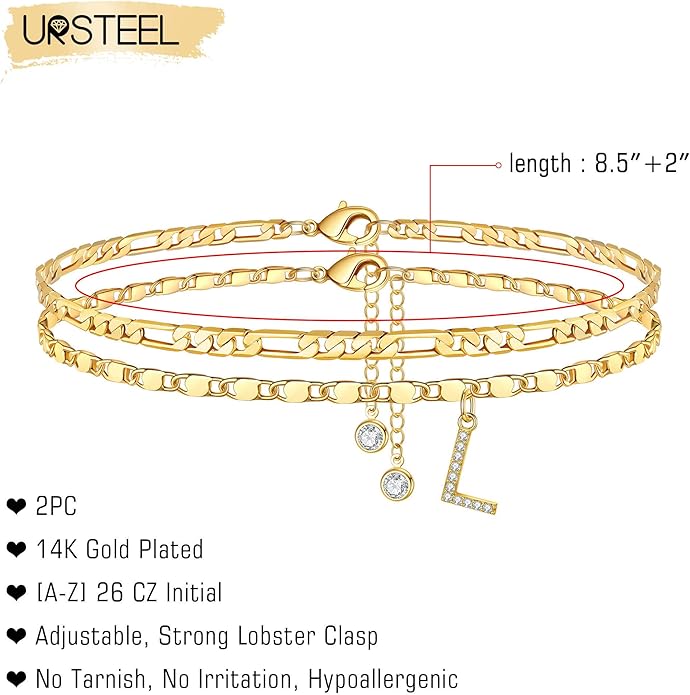 Ursteel Ankle Bracelets for Women, 14K-Gold-Plated Dainty Layered Chain CZ Initial Anklets Set Summer Jewelry Gifts for Women